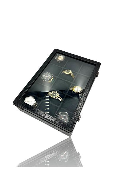 Dijital Çarşı Кутия за часовник Diji с 15 части, черна, с крокодилска кожа