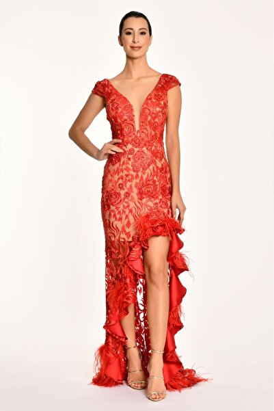 Genel Markalar Derin Dekolte Asimetrik Kesim Otrişli Mercan Rengi Kına Elbisesi