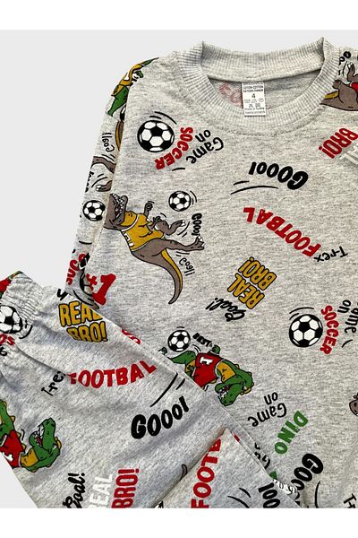 ALİŞ KİDS Boy's Gray Dinosaur Football Ball Pattern Long Sleeve Seasonal Pajamas Set