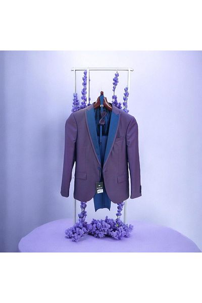 Sarar Plum Navy Blue Tuxedo Set with Handkerchief and Bow Tie