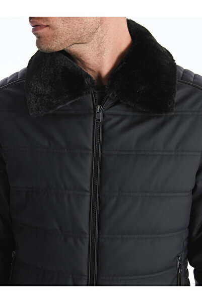 LC Waikiki Μαύρο ανδρικό δερμάτινο παλτό με γιακά πουκάμισου