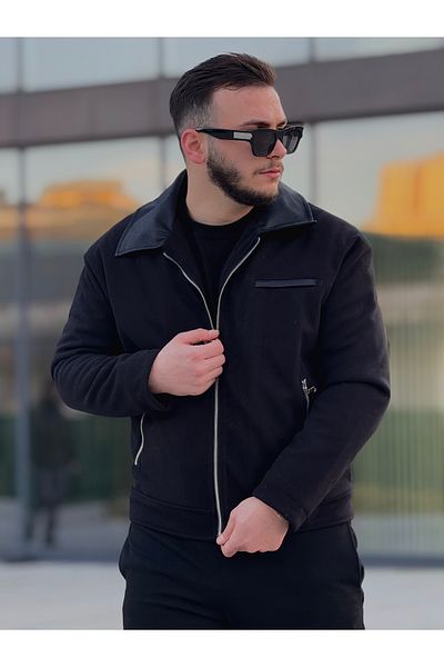 KINGAF Късо мъжко палто от кожа с кашмирена яка