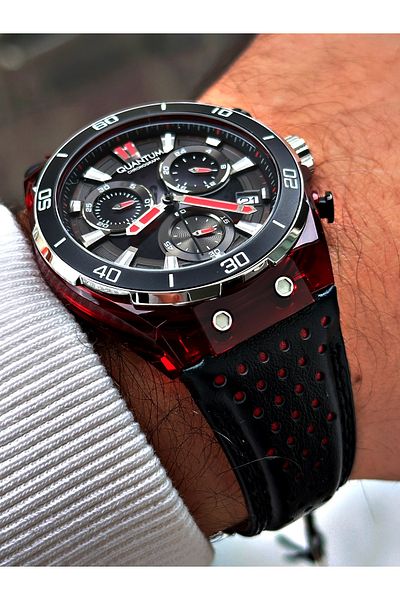 Quantum Function Black Color Leather Band Steel Case Men's Wrist Watch 1107.851