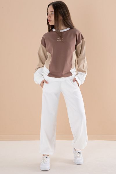 Cansın Mini Ecru Angels Crew Neck Tracksuit Set for Girls - 19977