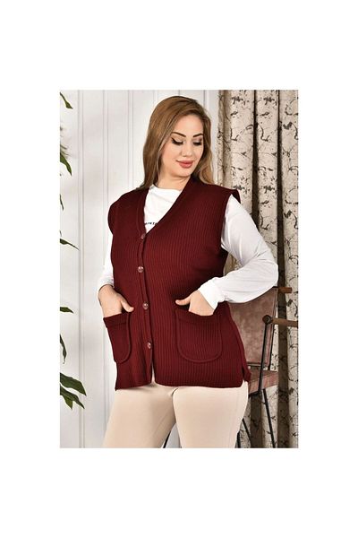 Lonca Tekstil Tricotaj de damă, roșu Claret, cu nasturi, vestă pentru mamă, mărime mare, cu buzunare, potrivire relaxată
