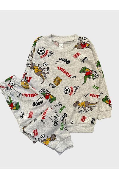 ALİŞ KİDS Boy's Gray Dinosaur Football Ball Pattern Long Sleeve Seasonal Pajamas Set