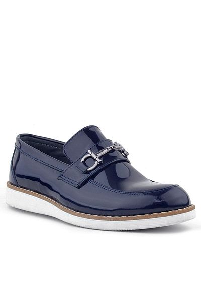 Rakerplus Genuine Leather Navy Blue Patent Leather Loafer Kids Classic Shoes