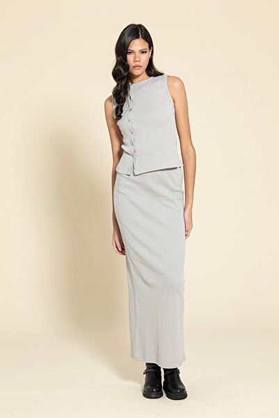 FOR YOU MODA Buttoned Gray Blouse Skirt Set