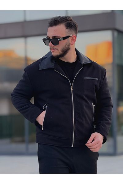 KINGAF Късо мъжко палто от кожа с кашмирена яка