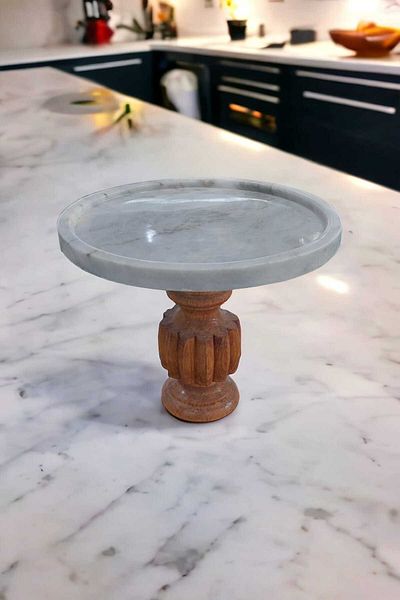 Sümeyra Marble Art Γκρι Μαρμάρινο Πιάτο - Ξύλινο Πόδι -25 cm