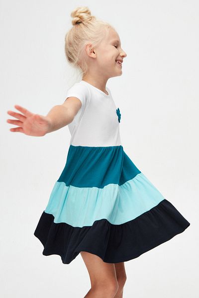 LOVETTI Girl's - White DarK Petrol Bow Layered Colored Short Sleeve Dress