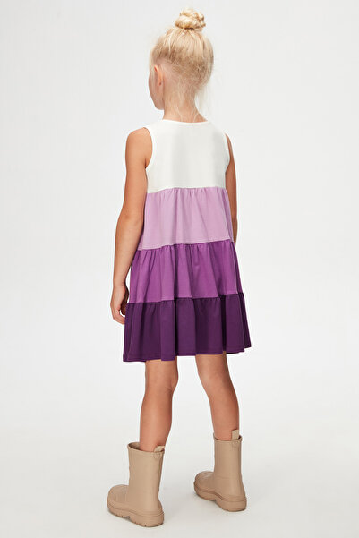 LOVETTI Ecru-purple Girl's Layered Colored Gathered Strap Dress
