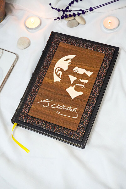 markcat دفتر ملاحظات خشبي + جلد حراري مخطط بتصميم كمال أتاتورك - هدية (17 × 2...