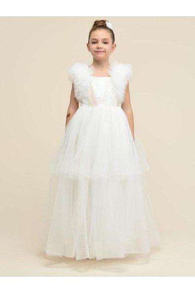 Zekids Girl's Folded Tulle and Feather Detailed White Evening Dress