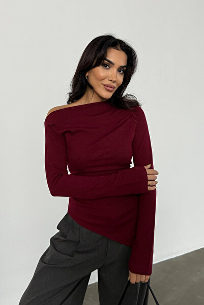 Bipantolon Burgundy Anthracite 2-Piece Blouse - Draped, Boat Neck, Asymmetrical Lycra Knitted Blouse