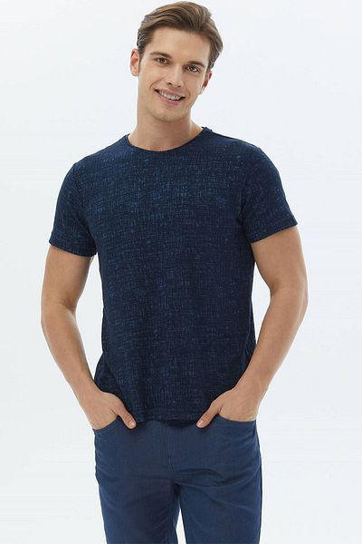 Kip Marineblaues Jacquard-T-Shirt aus Baumwollmischung mit Rundhalsausschnitt