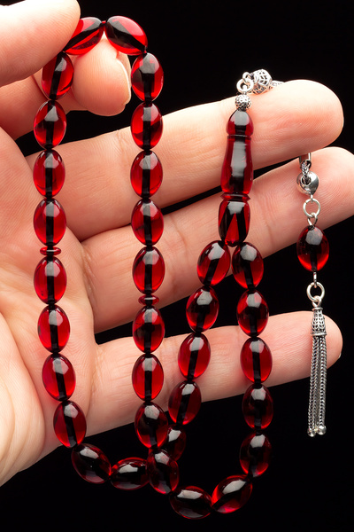 OTTOTESBİH Men's Silver Tassel 8X12Mm Fire Amber Rosary