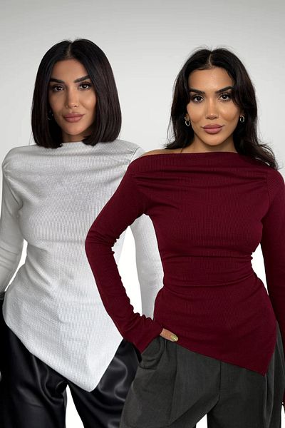 Bipantolon Bluză de damă, drapată, cu gât de barcă, asimetrică, tricotată din lycra, burgundă, albă, 2 piese
