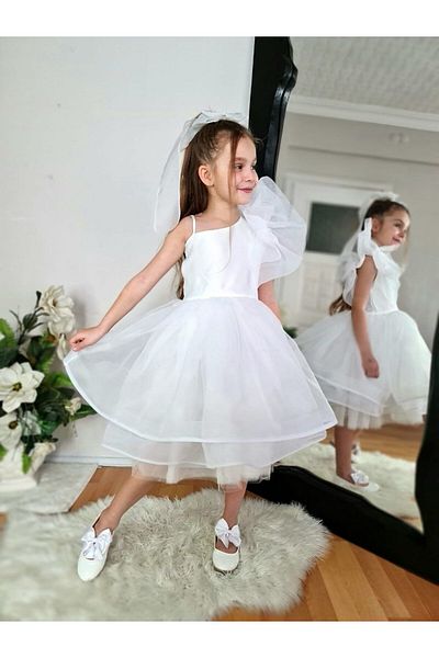 Sare Çocuk Giyim White One Sleeve Puffy Shoulder Detail Princess Alice Birthday Party Dress
