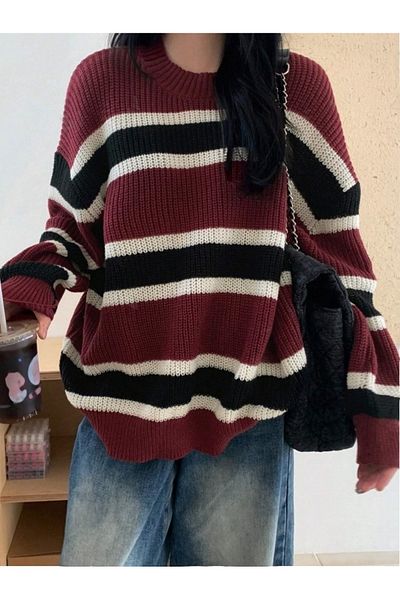 Dier Moda Pulover de damă bordeaux cu dungi groase oversize tricotaj roșu claret