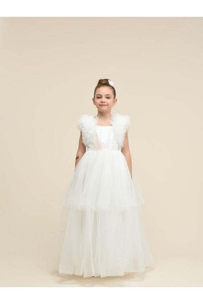 Zekids Girl's Folded Tulle and Feather Detailed White Evening Dress
