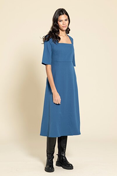 FOR YOU MODA Μπλε φόρεμα με τετράγωνο γιακά