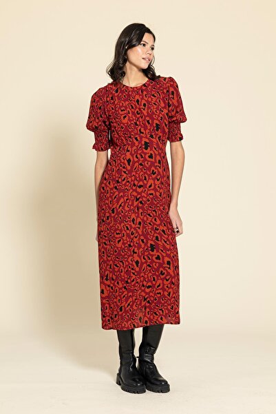 FOR YOU MODA Rochie roșie leopard cu mâneci adunate