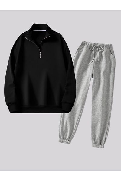 Revasser Unisex Γυναικεία/Ανδρική Προσαρμοσμένη πολύχρωμη βάση με φερμουάρ γιακά & Jogger βαμβακερό επάνω σετ