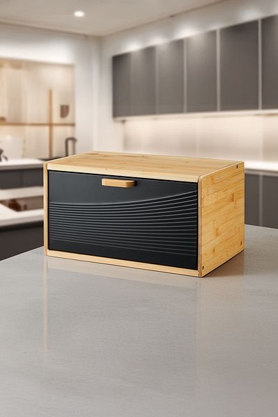 Vadi Luxury Bamboo Bread Box - Karina with Metal Lid, Rectangular Design