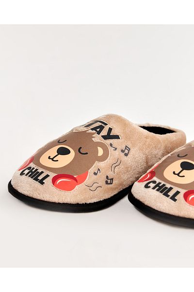 Chirpy Zippo-k- Cream Men's House Slippers with Bear Figure