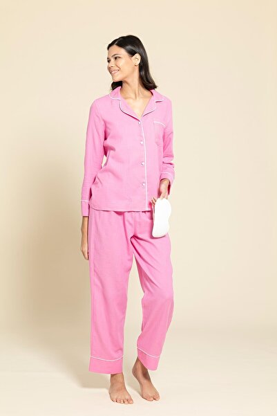 FOR YOU MODA 3'lü Organik Beyaz Biyeli Pembe Pijama Takımı