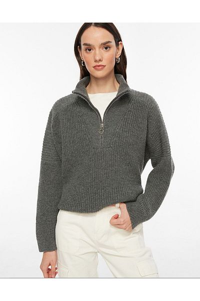 BRGCLOTHING Pulover de damă obișnuit cu guler cu fermoar