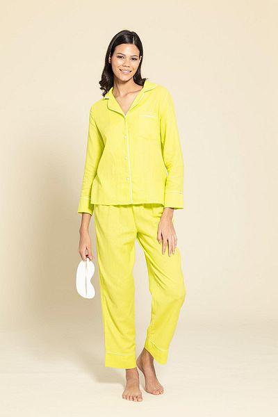 FOR YOU MODA 3-Piece Organic White Piping Yellow Pajamas Set