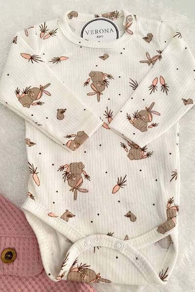 VERONA TARZ Baby Girl Rabbit Embroidered 2-Piece Salopet Set Long Sleeve Snap Fastener Newborn Outfit Socks Gift