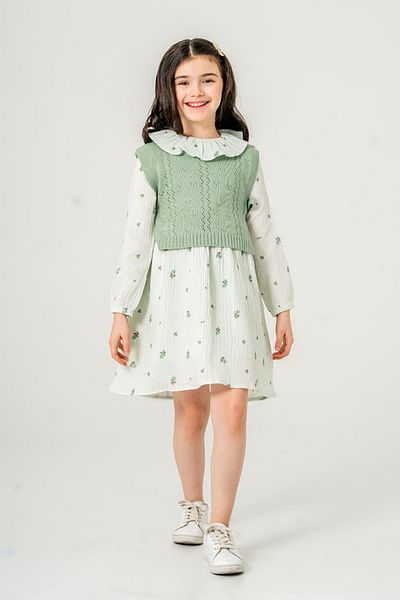 Minigimin Cicileri Rochie pentru fete din tricotaje verde - imprimeu floral, cu buzunare