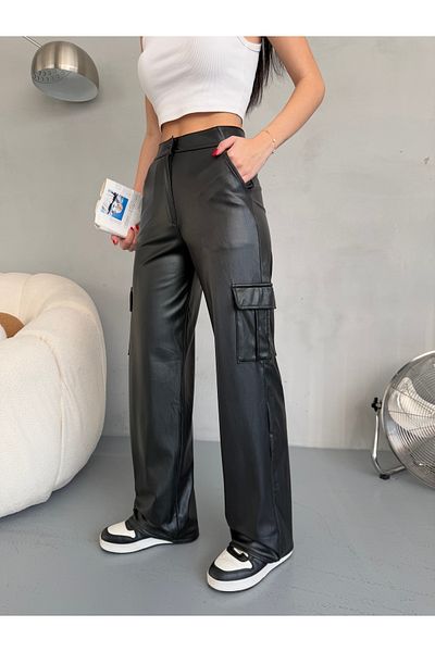 alanora High Waist Women's Leather Wide Leg Pants - Cargo Pocket