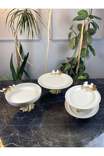 MAY HOME White Butterfly Kand Footed Porcelain Bowl Plate Presentation Set & Metal Footed Salad Food Presentation