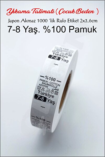 ÜRETİM Çocuk %100 Pamuk Yıkama Talimatı Etiketi 2x3,6cm Japon Akmaz 1000 'lik...