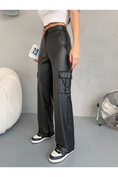 alanora High Waist Women's Leather Wide Leg Pants - Cargo Pocket