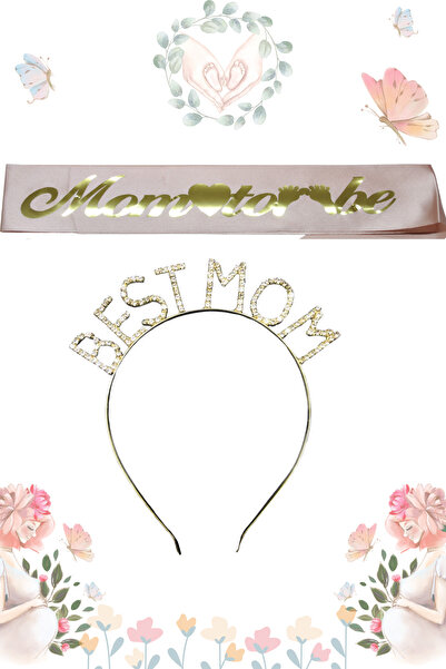 Larenya Best Mom Metal Taç și Panglică - Set Baby Shower din Aur Roz Pliat