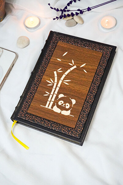 markcat دفتر ملاحظات مخطط من الجلد الحراري والخشب على شكل باندا - هدية (17x24...