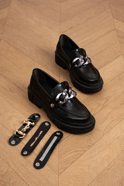 BeBeQ Store Дамски мокасини Roma с три катарами, черни, от лачена кожа