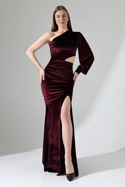 Deafox Pflaumenfarbenes, tief ausgeschnittenes, einärmliges Abendkleid aus Samtstoff