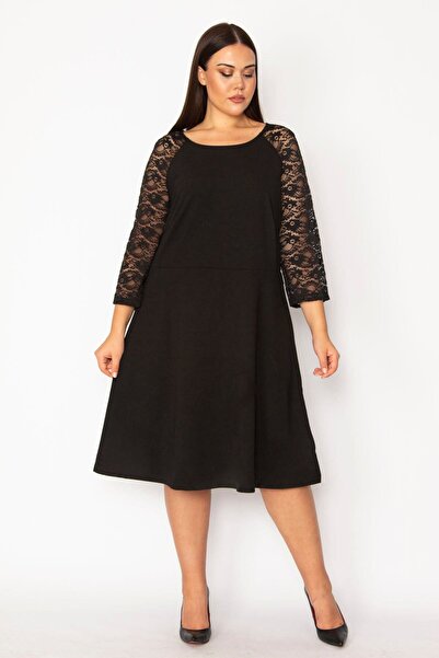 Şans Women's Plus Size Black Sleeves Lace Crepe Dress 65n29414