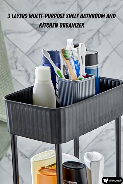 welcomein Raft multifuncțional cu 3 niveluri Organizator pentru baie și bucătărie (cu roți) Elegant pe 3 niveluri