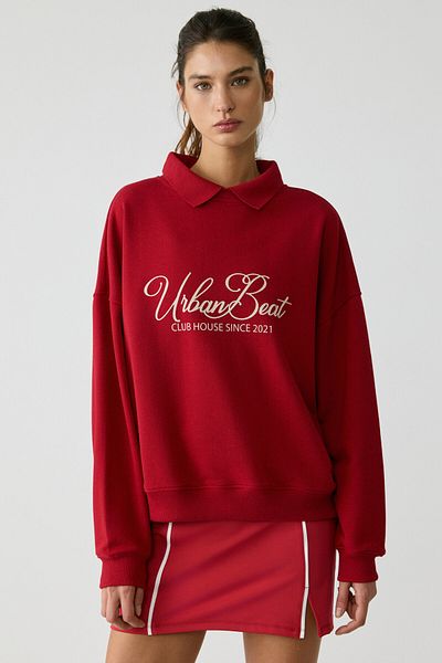 Urban Beat Steffi Women's Knitwear Polo Neck Print Detailed Relaxed Red Sweatshirt