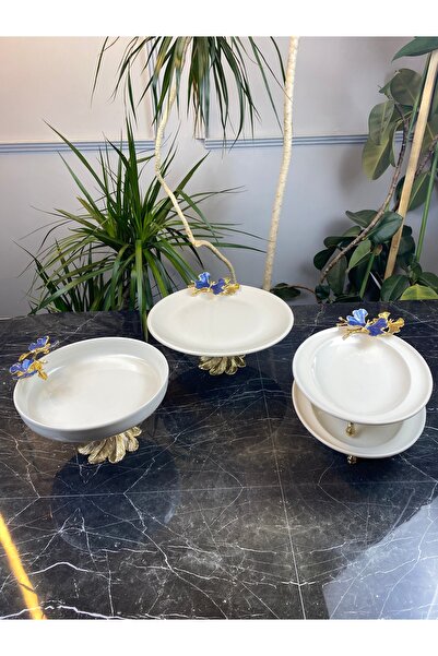 MAY HOME مجموعة تقديم أطباق بورسلين بأرجل على شكل فراشة زرقاء وطبق تقديم أطباق سلطة بأرجل معدنية