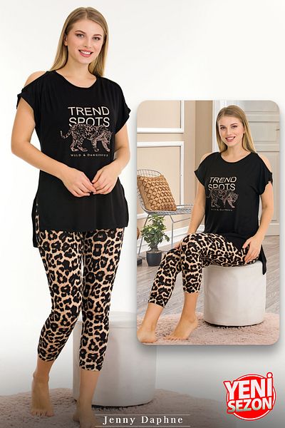 Jenny Daphne Set pijamale din viscoză cu imprimeu leopard - Potrivire relaxată, fără umeri, jambiere 12050