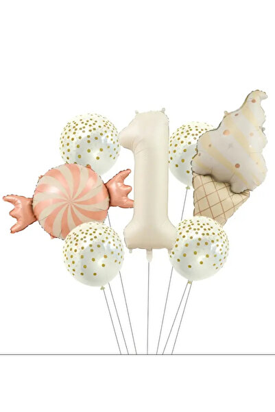 Çemrek Süs Parti طقم بالونات كريمي بيج ريترو كاندي آيس كريم ذهبي مزين بالترتر...