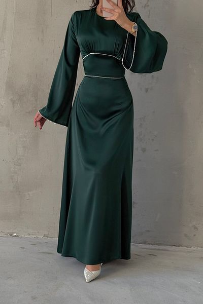 LEYUZE BUTİK Βραδινό φόρεμα Hijab με μανίκια και μέση με μαργαριταρένια πέτρα με λεπτομέρειες